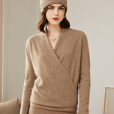 100% Pure Cashmere Cross V-neck Slim Top Sweater